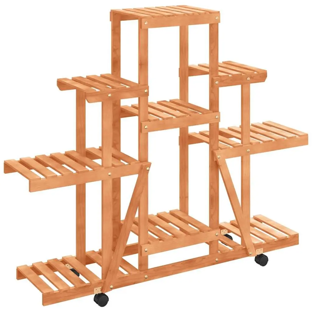 Wooden Flower Stand with Wheels Plant Display Rack Fir Wood Brown 110x25x101cm