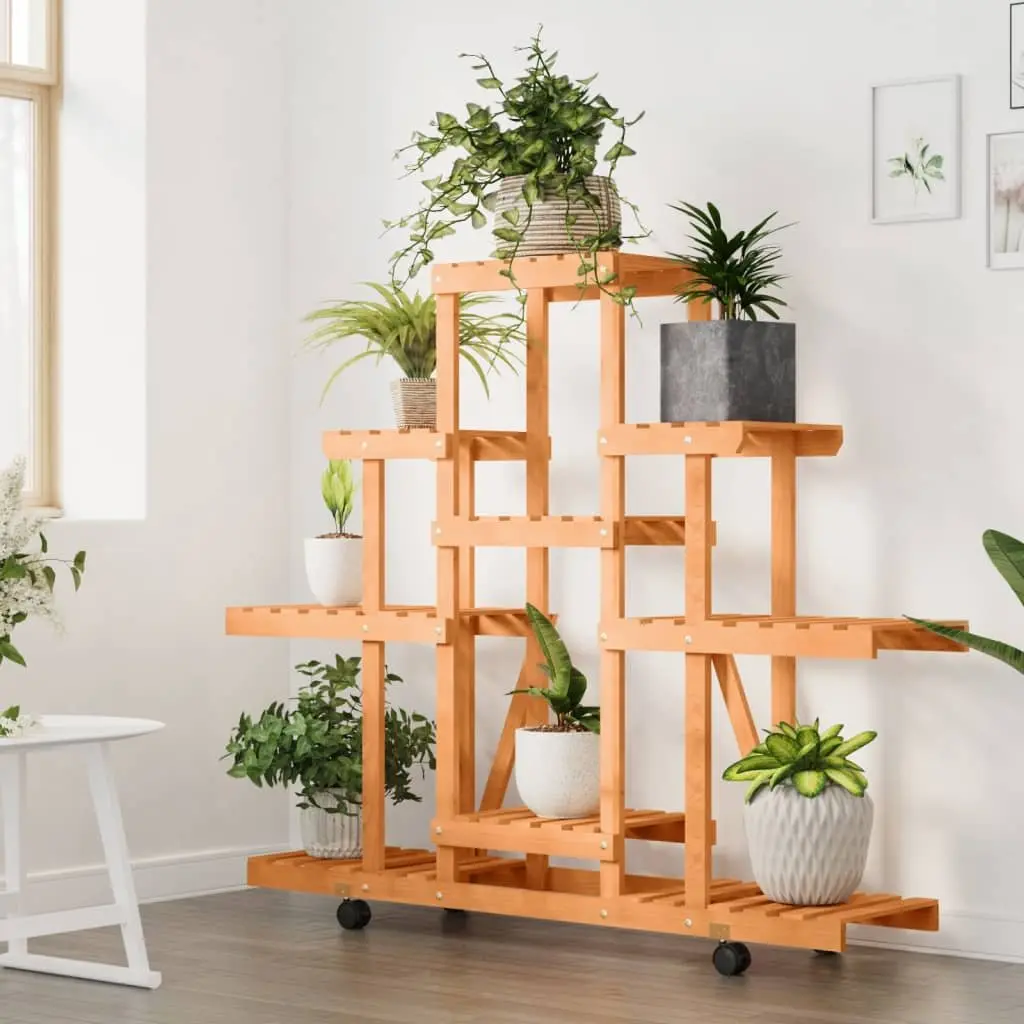 Wooden Flower Stand with Wheels Plant Display Rack Fir Wood Brown 110x25x101cm