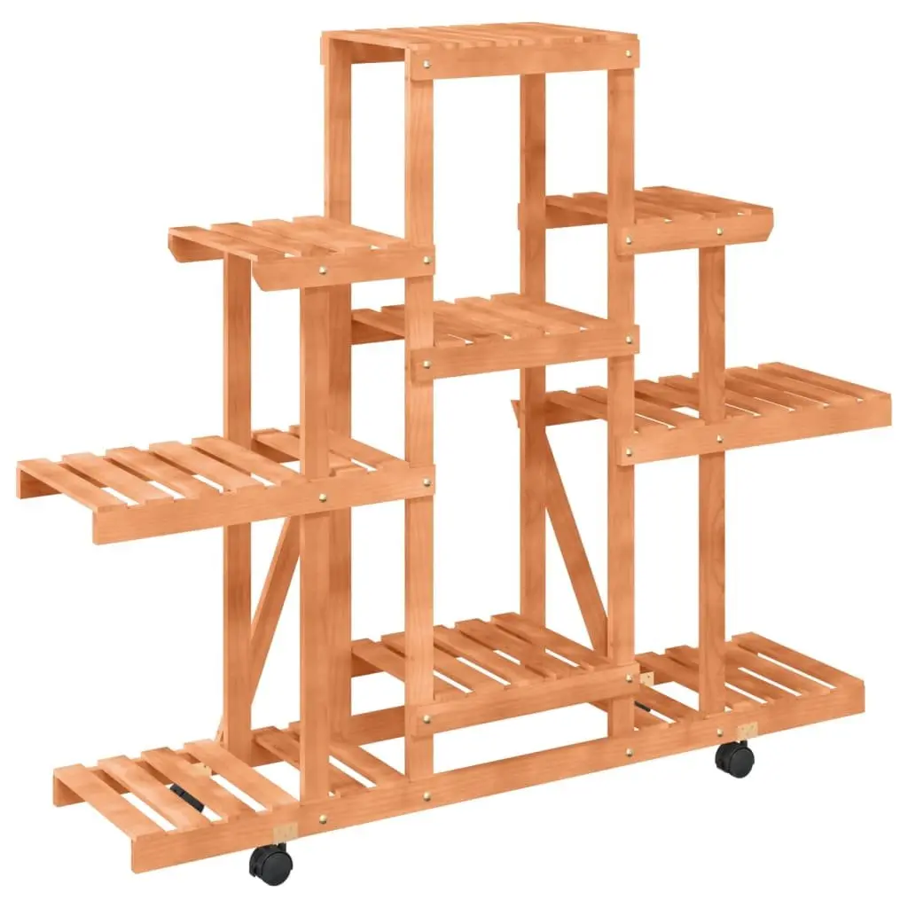 Wooden Flower Stand with Wheels Plant Display Rack Fir Wood Brown 110x25x101cm