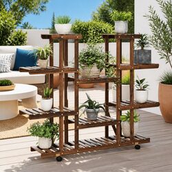 Practical Wooden Flower Stand with Wheels for Any Room
