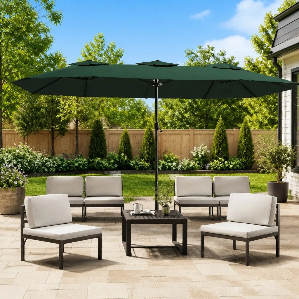 Double-Head Shade Umbrella Polyester 449x265cm Green with Integrated LED Lights for Outdoor Garden and Patio