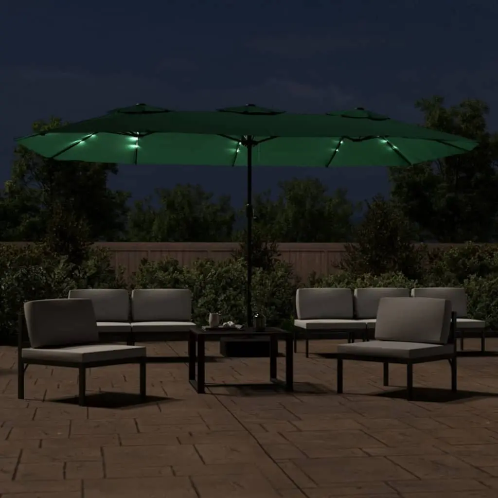 Double-Head Shade Umbrella Polyester 449x265cm Green with Integrated LED Lights for Outdoor Garden and Patio
