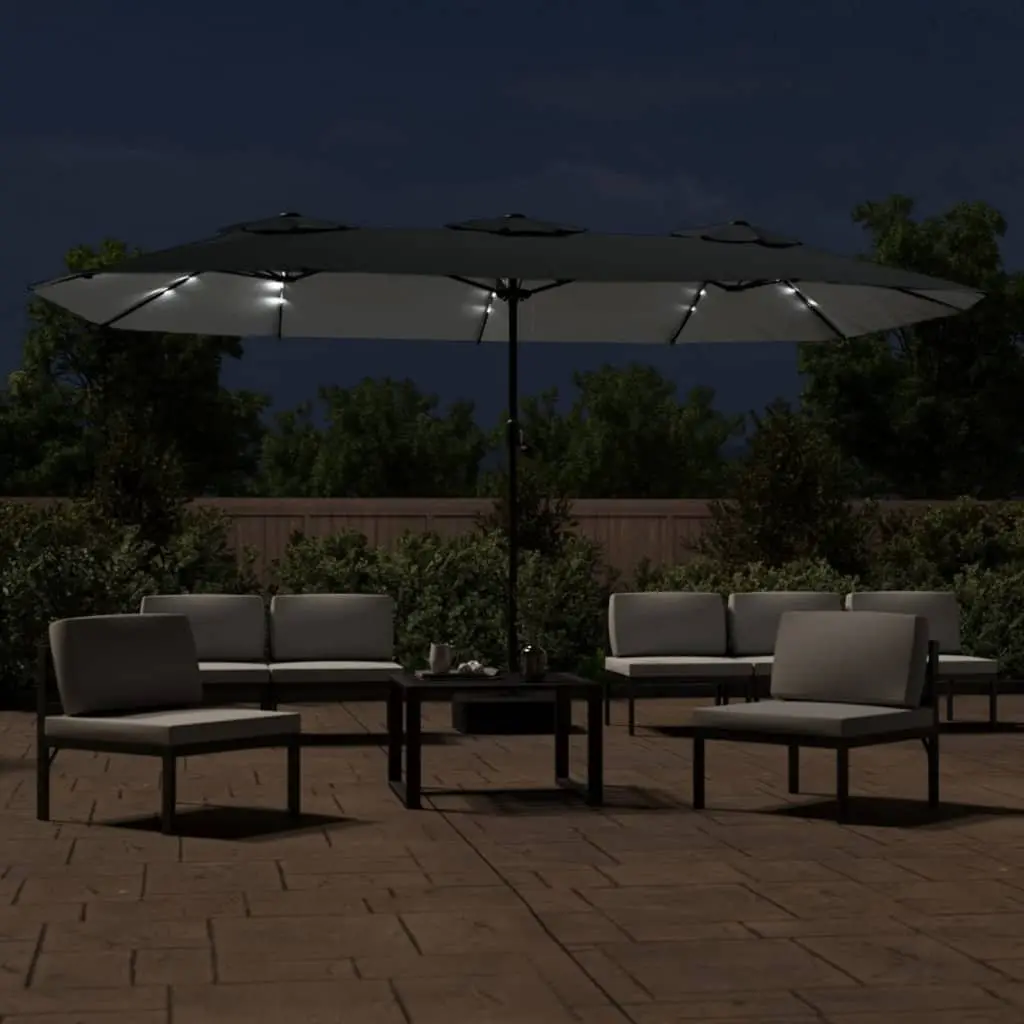 Double-Head Parasol Outdoor Shade UV-Protective Polyester Canopy with LED Lights Anthracite 449x265cm