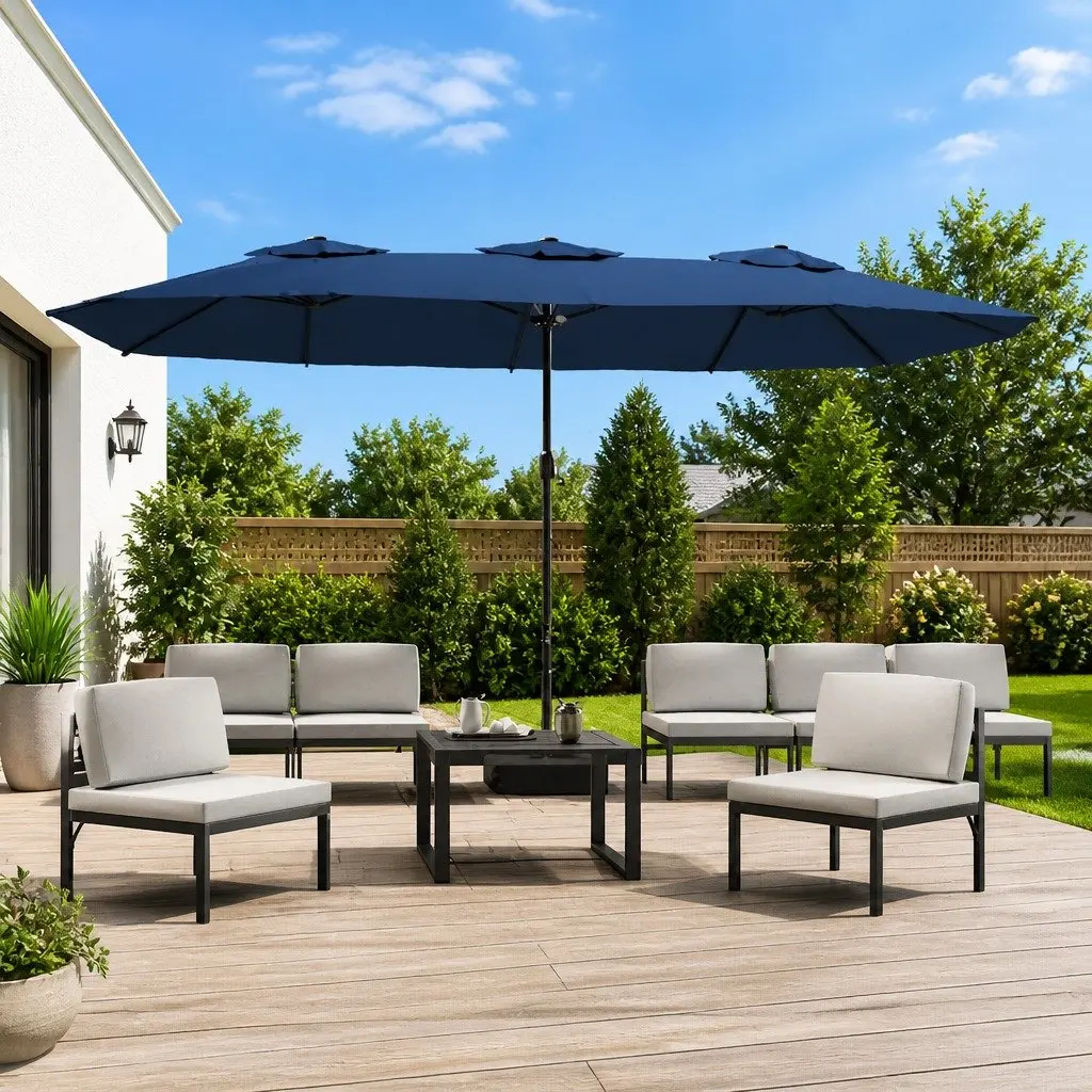 Double-Head Garden Parasol with LED Lights Polyester 449x265cm Blue