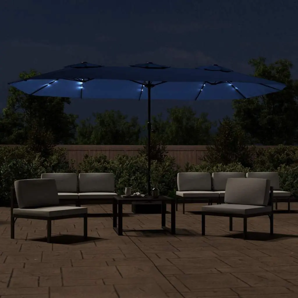 Double-Head Garden Parasol with LED Lights Polyester 449x265cm Blue
