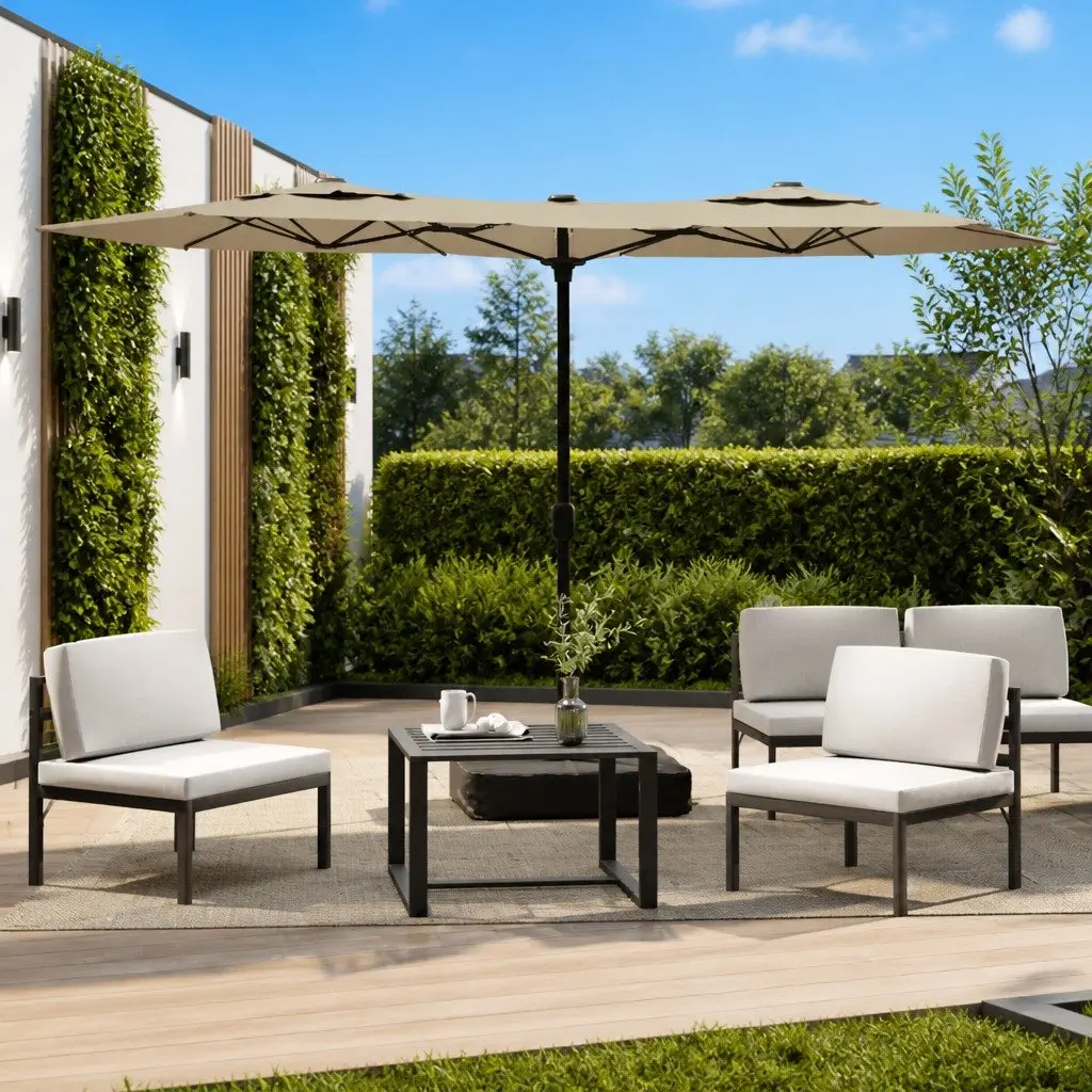 Double-Head Garden Parasol Outdoor Shade Canopy Crank Mechanism Taupe 316x145cm