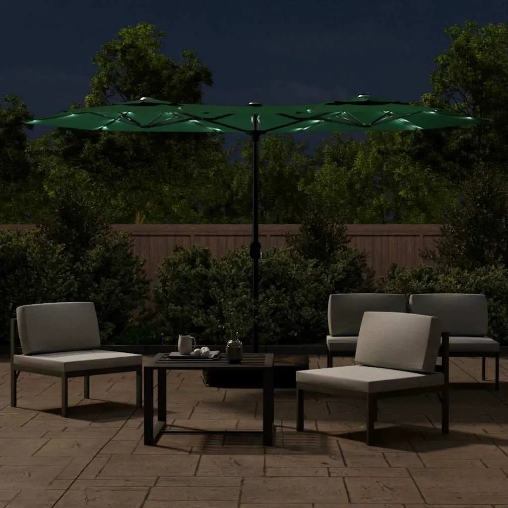 Double-Head Garden Parasol UV Protective Polyester Green 316x145cm with Integrated LED Lights Outdoor Sunshade