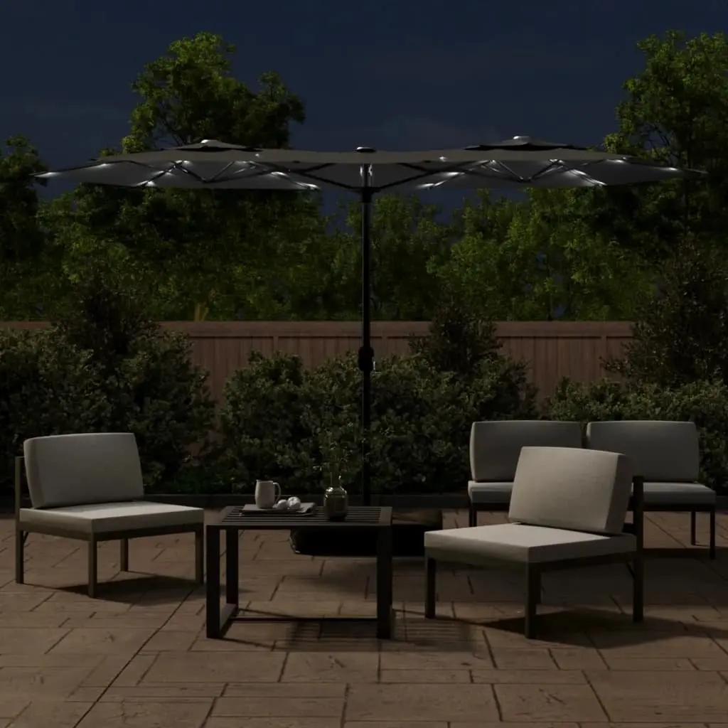 Double-Head Garden Parasol Anthracite 316x145cm Polyester with Crank Mechanism and LED Lights for Outdoor Sunshade