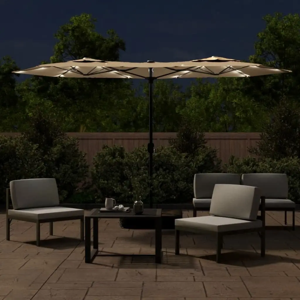 Double-Head Garden Parasol with LED Lights Polyester 316x145cm Taupe