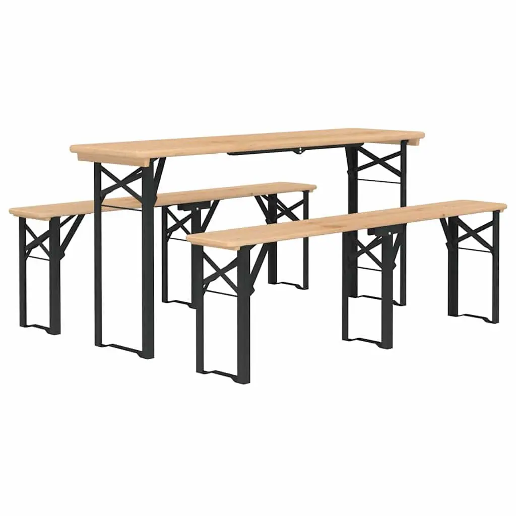 3 Piece Folding Beer Table Set Solid Fir Wood Brown