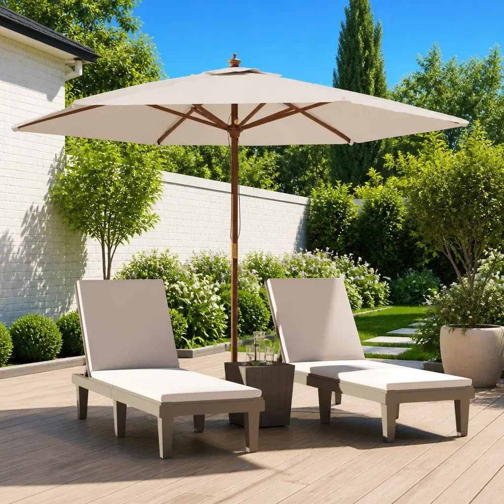 Garden Parasol Polyester Canopy 299x240 cm White Hardwood Pole