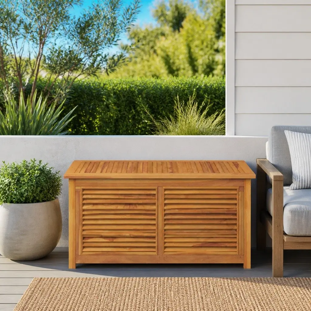 Garden Storage Box Solid Teak Wood Outdoor Bench Chest Louvres Design Brown