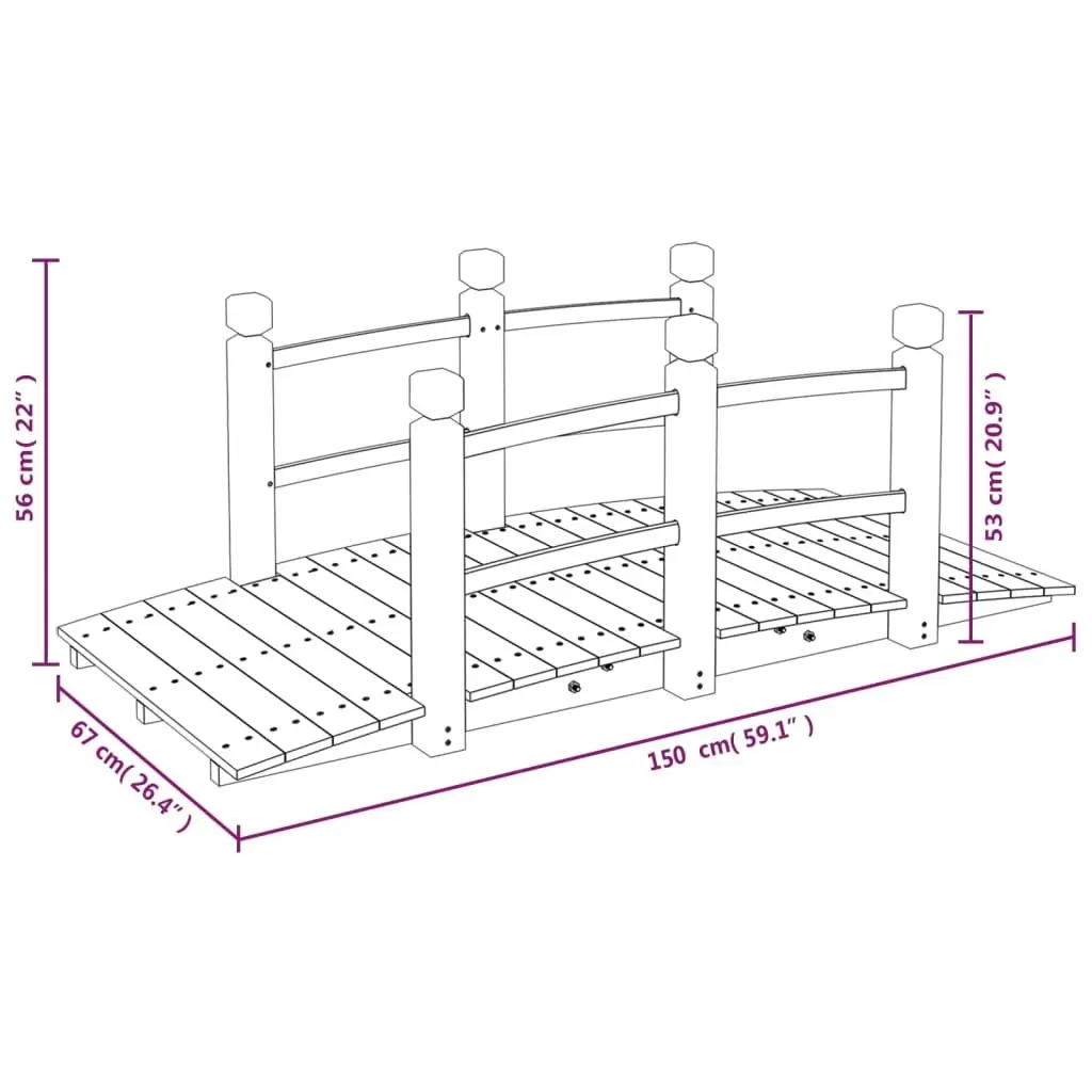 Wooden Garden Bridge Outdoor Structure with Railings Brown 150x67x56cm