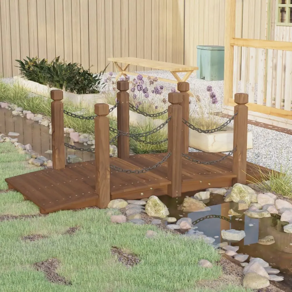 Garden Bridge Spruce Wood Outdoor Structure Brown with Chain Railings 150x67x56cm