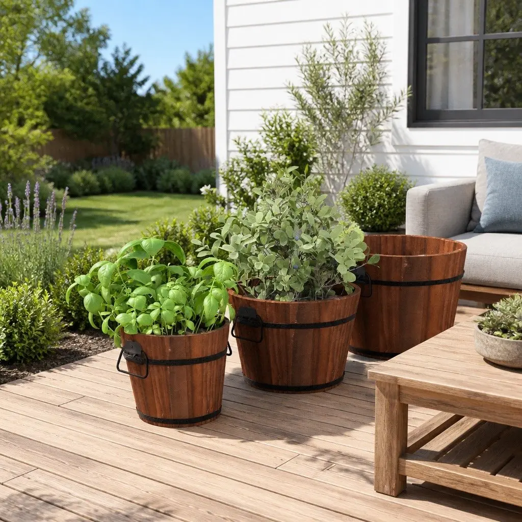 3 Piece Wooden Bucket Planter Set Brown Solid Fir Wood with Metal Handles