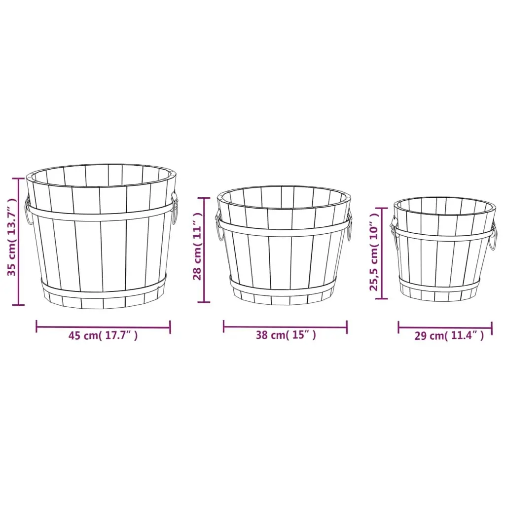 3 Piece Wooden Bucket Planter Set Brown Solid Fir Wood with Metal Handles