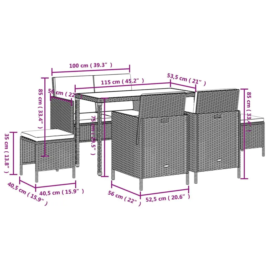 Garden Dining Set 6 Piece PE Rattan Outdoor Furniture Grey with Cushions