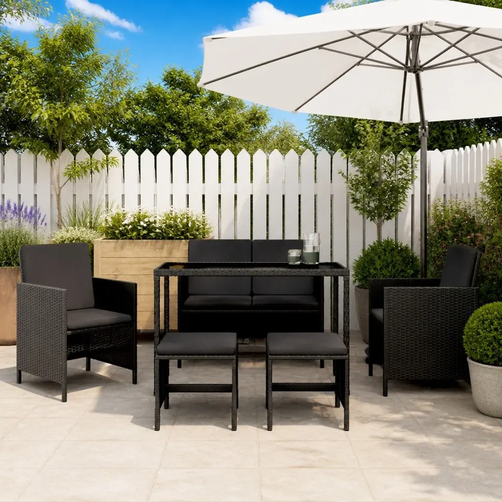 Garden Dining Set 6 Piece Modular Outdoor Furniture Black PE Poly Rattan with Cushions