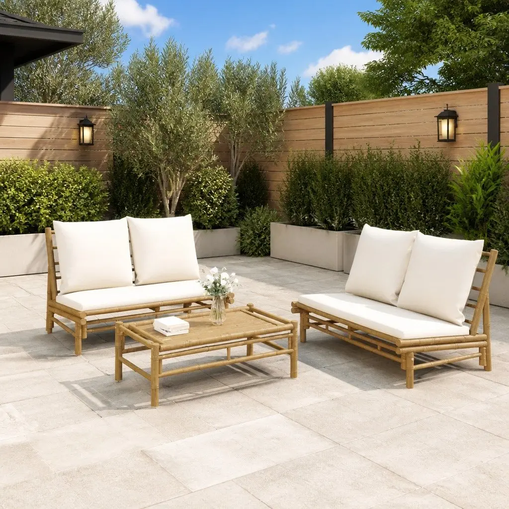 Bamboo Outdoor Bench with Backrest Cream Cushions Patio Seating