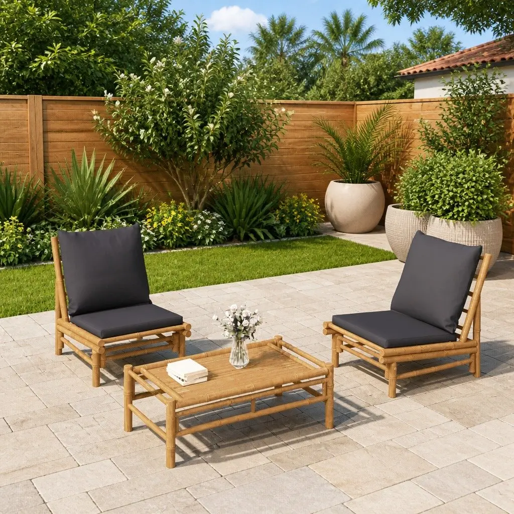 Bamboo Outdoor Chairs Set 2 Pieces Cushioned Grey Patio Seating