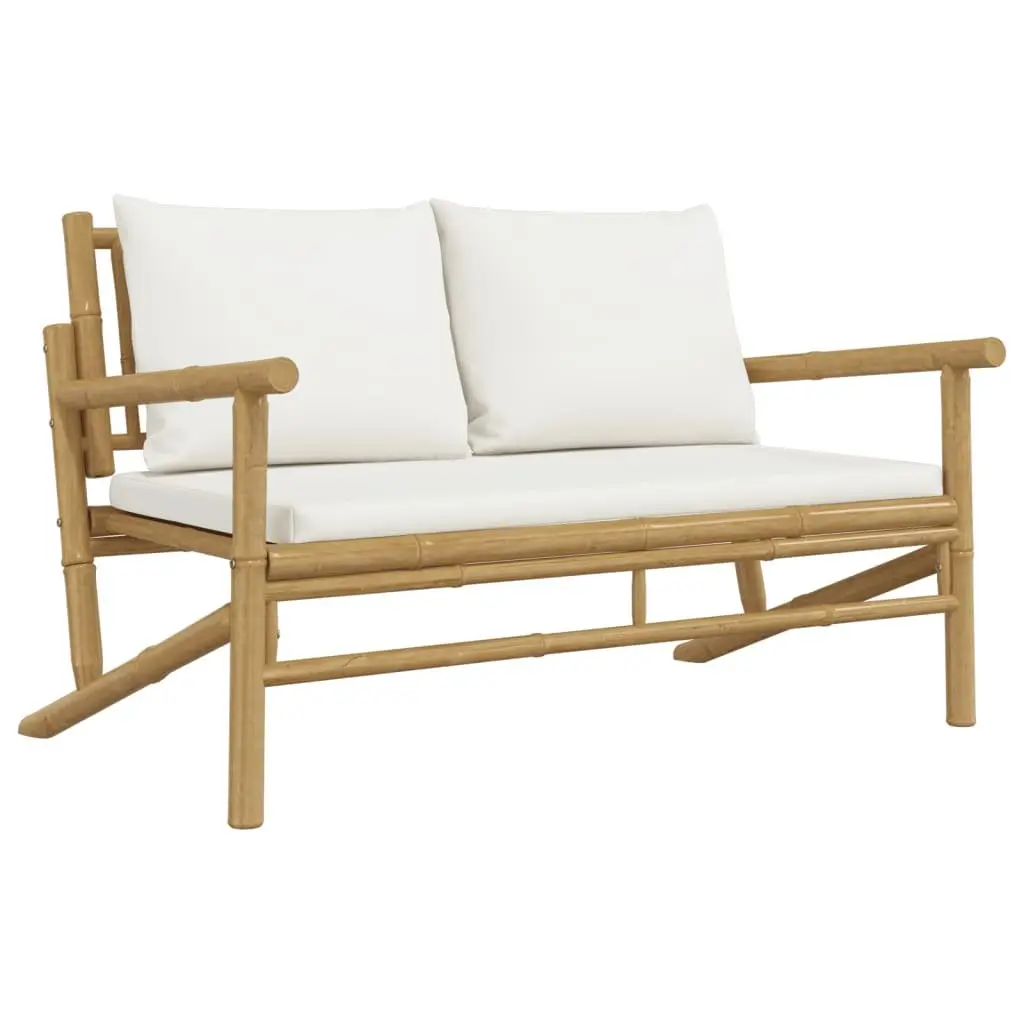 Bamboo Garden Bench Cream Cushioned Patio Seating Outdoor Furniture