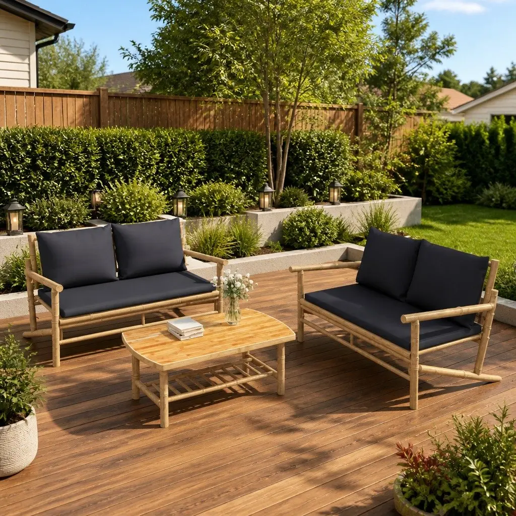 Bamboo Outdoor Bench with Grey Cushions and Backrest Lightweight Patio Seating