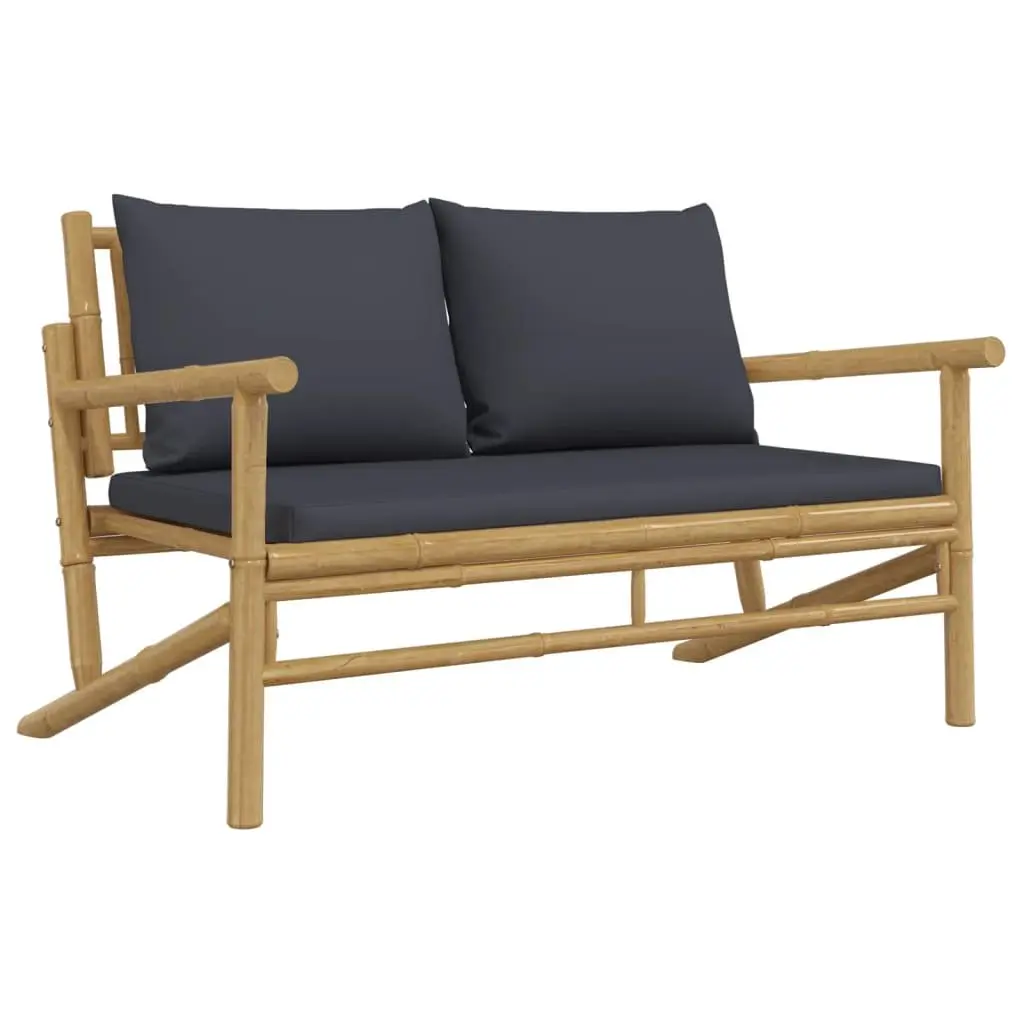 Bamboo Outdoor Bench with Grey Cushions and Backrest Lightweight Patio Seating