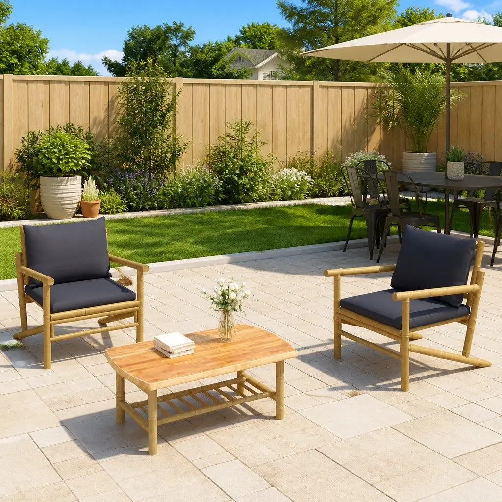 Bamboo Garden Chairs Outdoor Patio Seating 2 Pcs Grey Cushions Backrest
