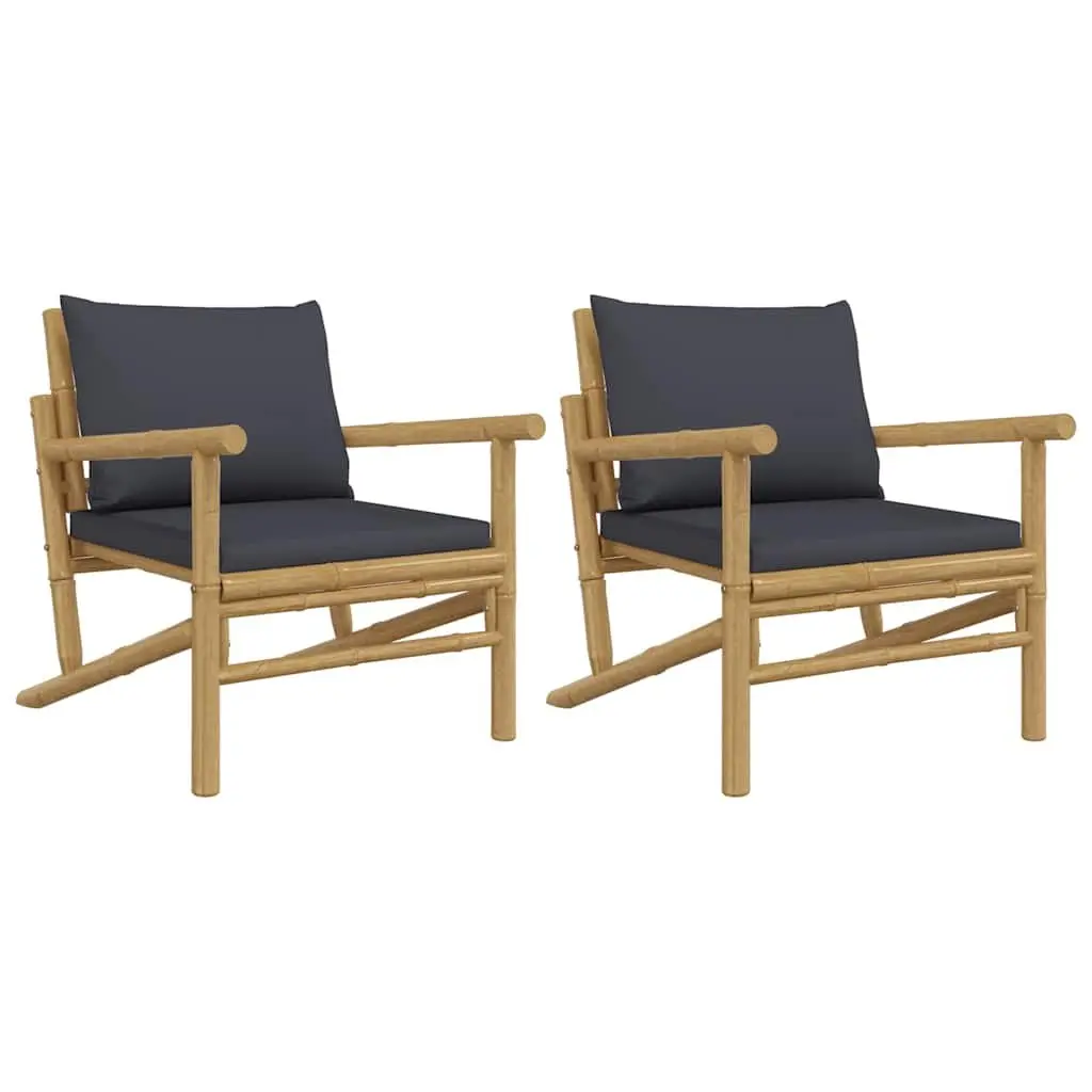 Bamboo Garden Chairs Outdoor Patio Seating 2 Pcs Grey Cushions Backrest