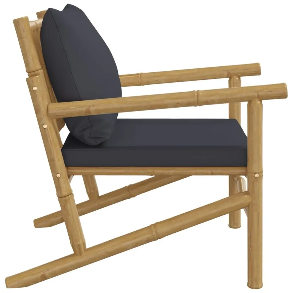Bamboo Garden Chairs Outdoor Patio Seating 2 Pcs Grey Cushions Backrest