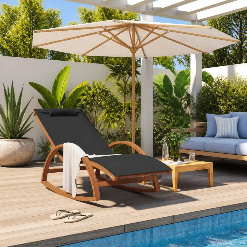 Rocking Chair Solid Poplar Wood Grey Textilene Outdoor Garden Lounger