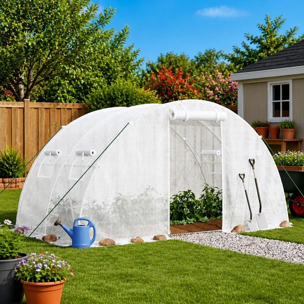 Greenhouse Garden Plant House Polyethylene 4x2x2m White Steel Frame Weather Resistant