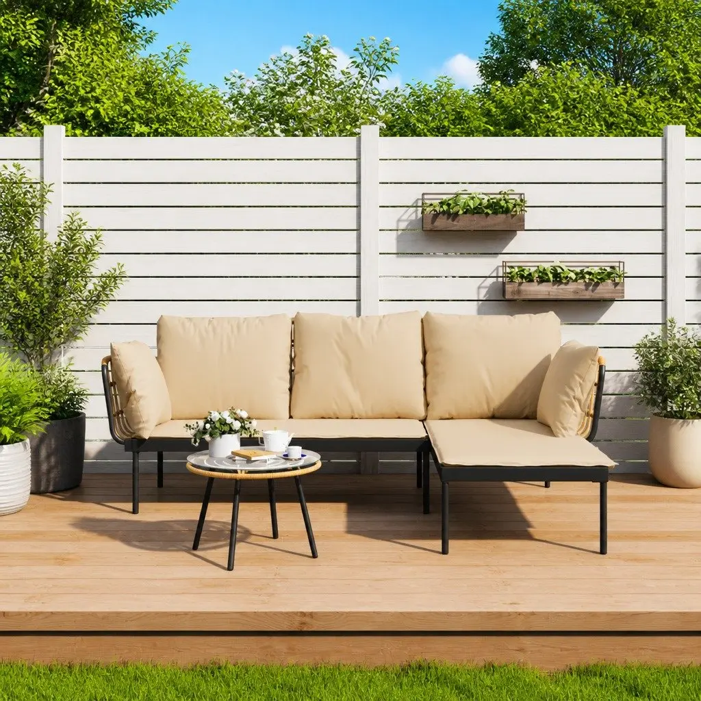3 Piece Outdoor Lounge Set PE Rattan Anthracite with Beige Cushions
