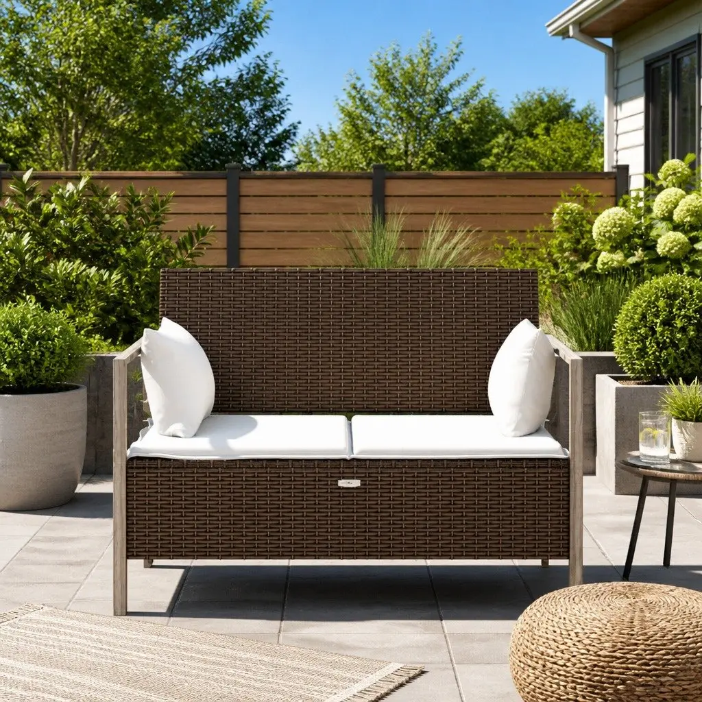 2-Seater Garden Bench Poly Rattan Brown with Storage and Cushions