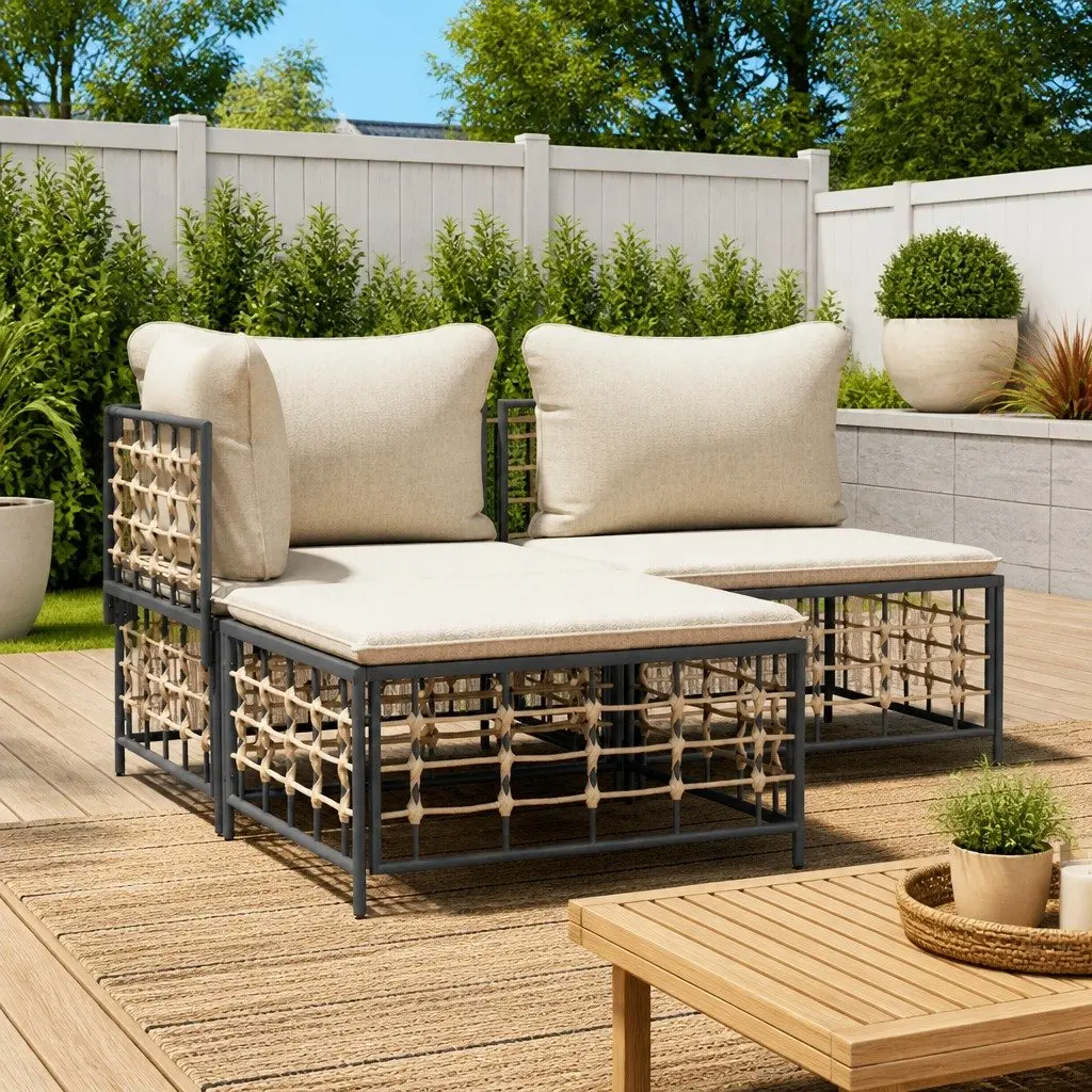 Garden Footstool Ottoman with Cushion Poly Rattan Outdoor Seating Relaxing