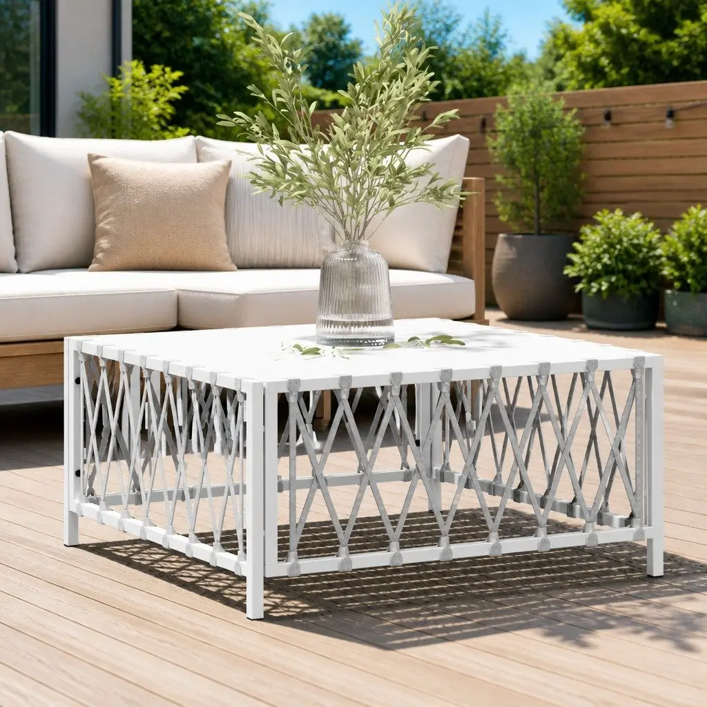 Garden Table Woven Fabric 70x70x34cm White Powder-coated Steel Outdoor Furniture