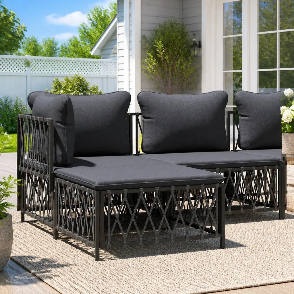Garden Footstool Ottoman Woven Fabric Cushion Anthracite Powder-Coated Steel Frame