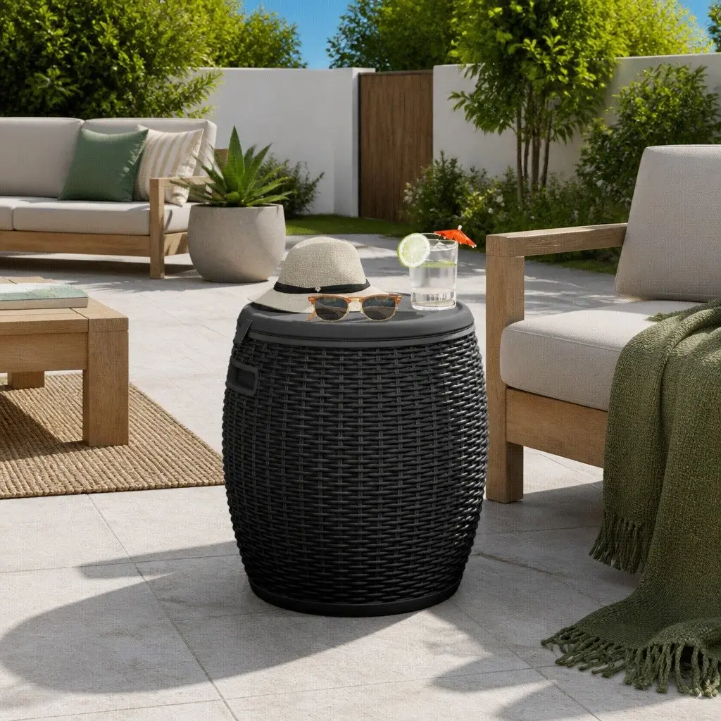 Garden Storage Box Polypropylene 4-in-1 Outdoor Stool Side Table Ice Cooler Black