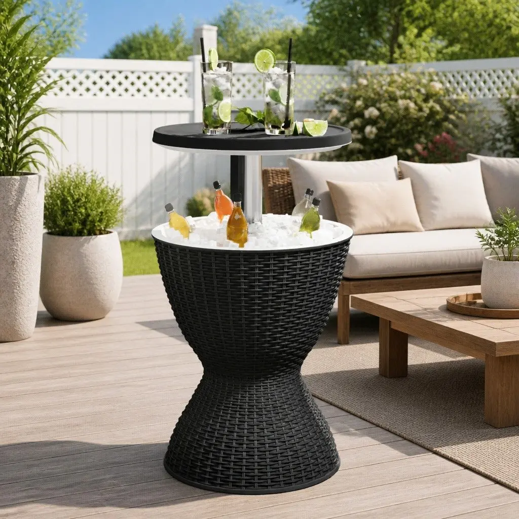 3-in-1 Ice Cooler Table Polypropylene Black Outdoor Beverage Cooler Cocktail Coffee Table