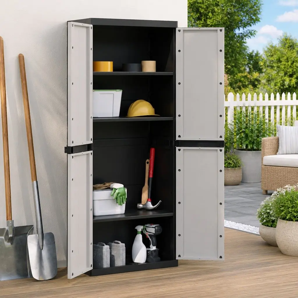 Lockable Outdoor Cabinet Grey Black 65x37x165cm Weather Resistant Garden Storage Unit