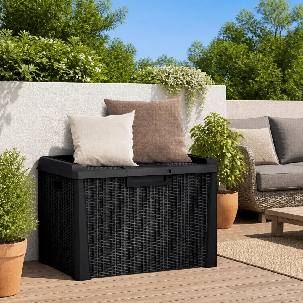 Garden Storage Box 125L Weather Resistant Polypropylene Anthracite Rattan Style