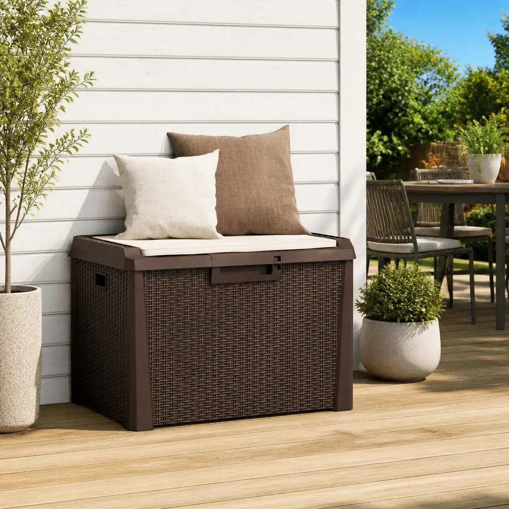 Garden Storage Box Brown Rattan Look Outdoor 125L with Seat Cushion for Patio and Backyard