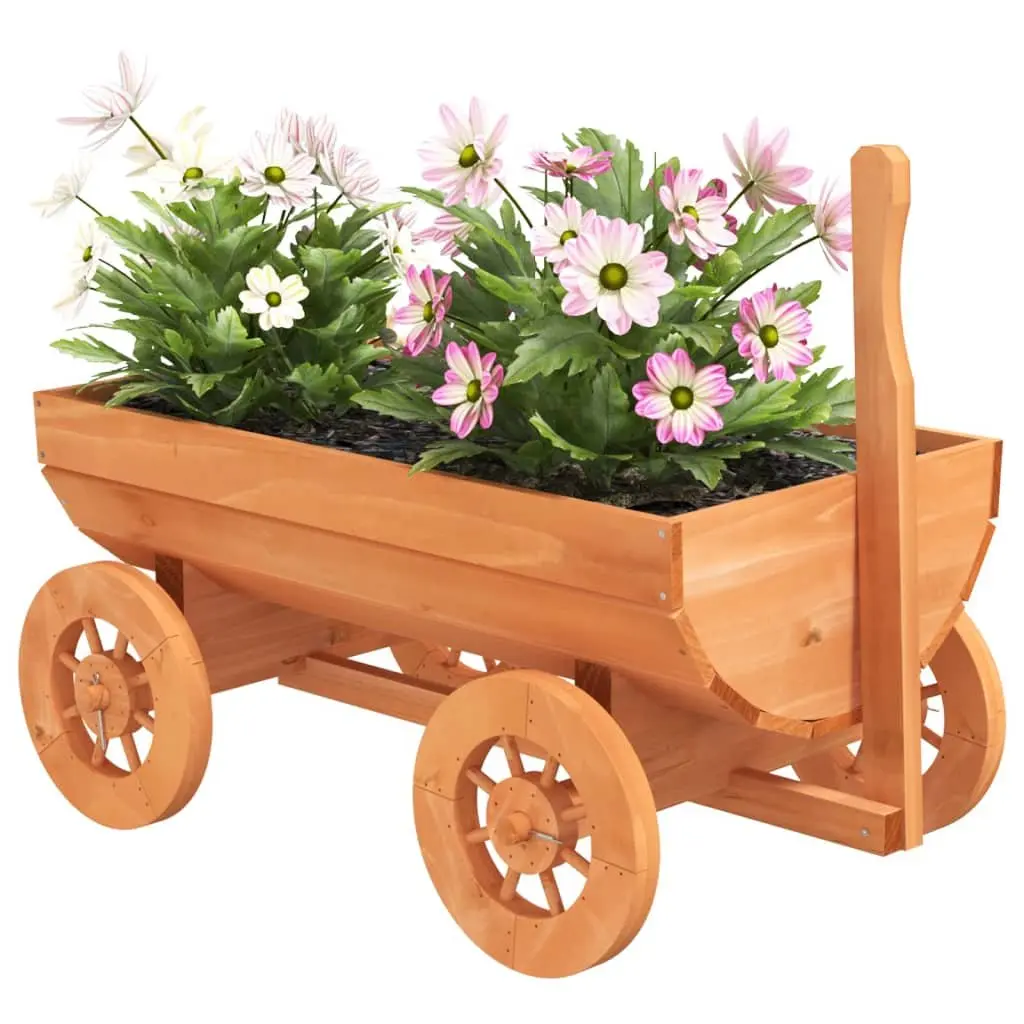 Decorative Garden Wagon Solid Fir Wood Planter Cart with Wheels Handle Brown 70L x 43W x 54H cm