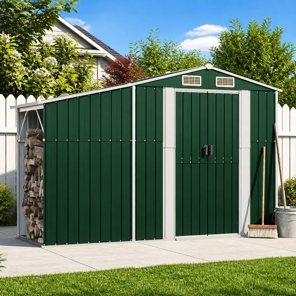 Garden Shed Galvanised Steel Large Green Outdoor Storage with Firewood Stand and Ventilation Sloping Roof