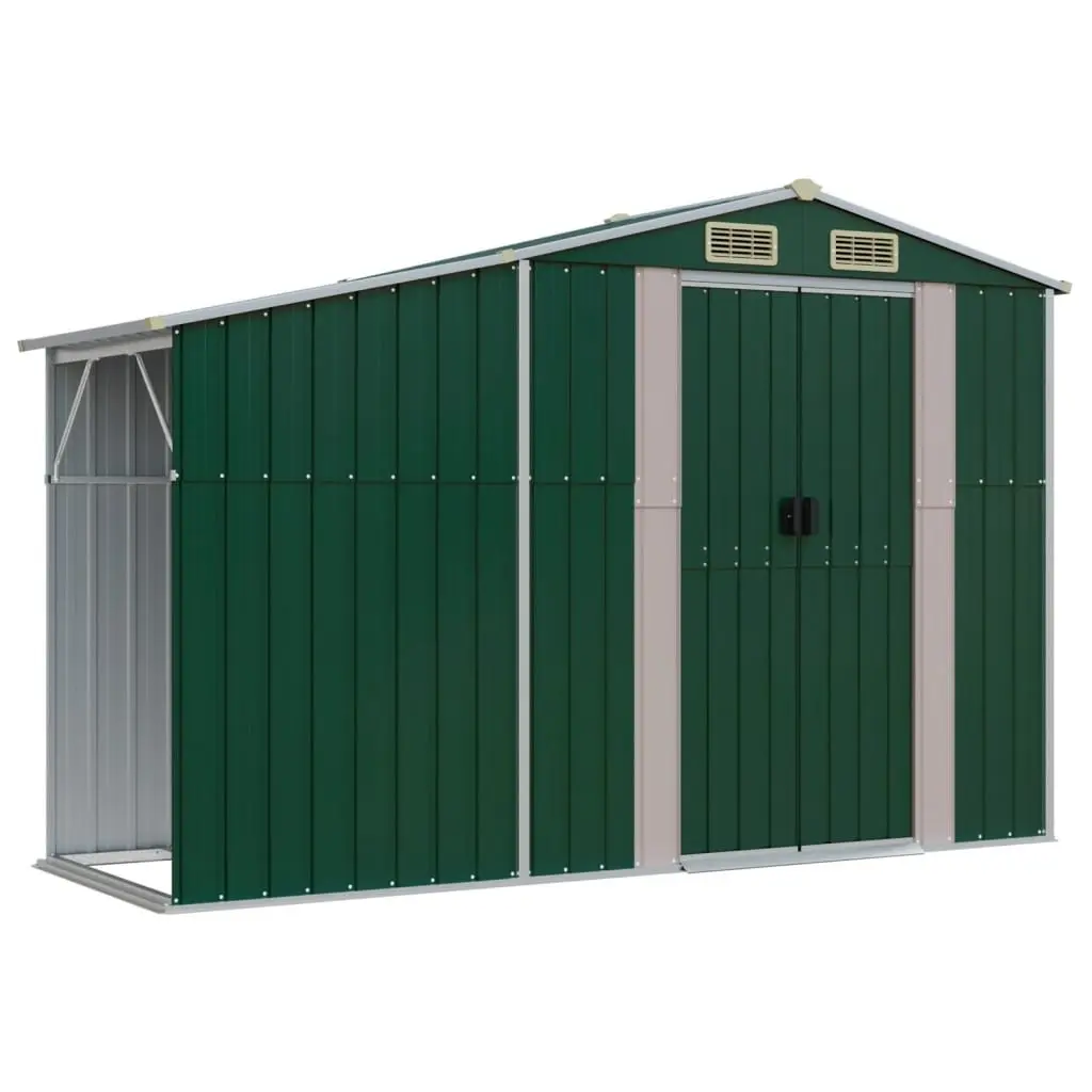 Garden Shed Galvanised Steel Large Green Outdoor Storage with Firewood Stand and Ventilation Sloping Roof