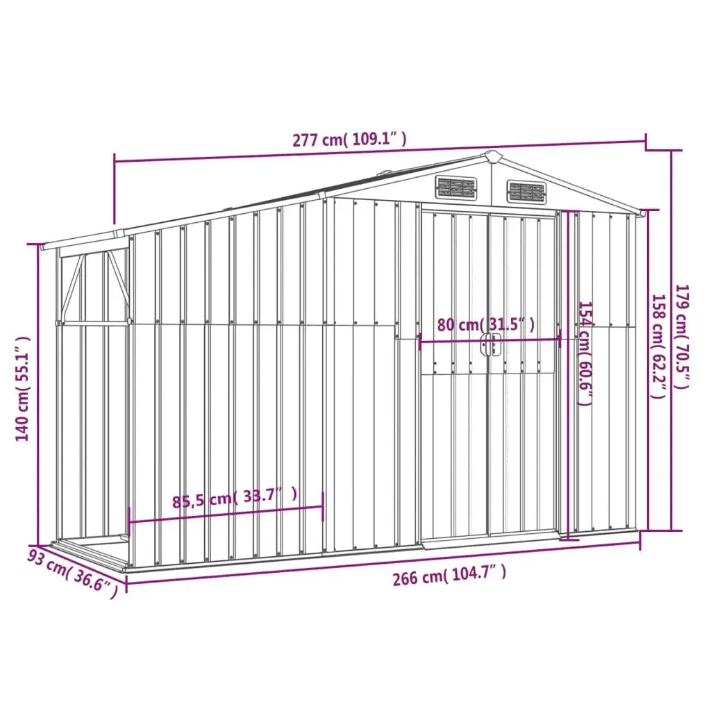 Garden Shed Galvanised Steel 277x93x179 cm Brown Outdoor Storage Tool House