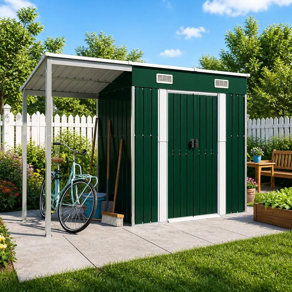 Garden Shed Galvanised Steel 277x107x181cm Green Extended Roof Storage Outdoor Tool House