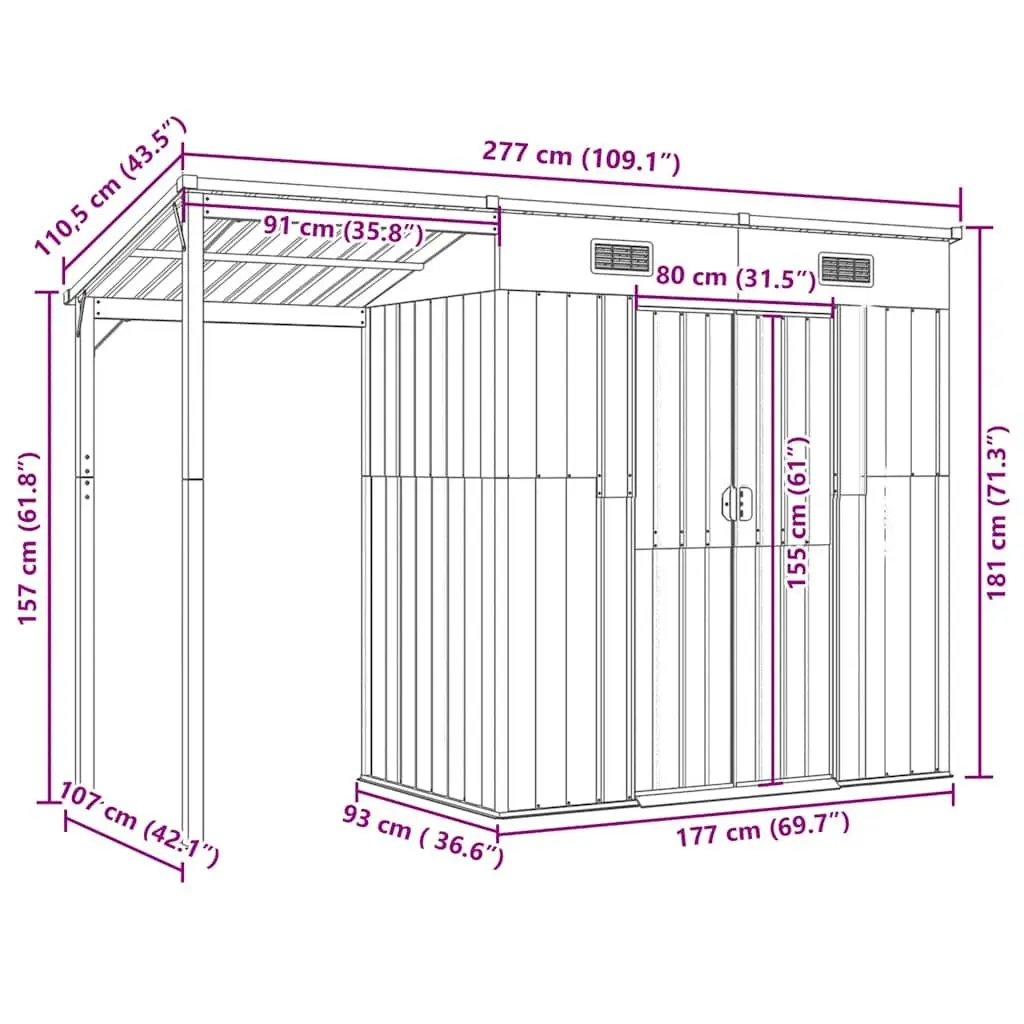 Garden Shed Galvanised Steel 277x107x181cm Green Extended Roof Storage Outdoor Tool House
