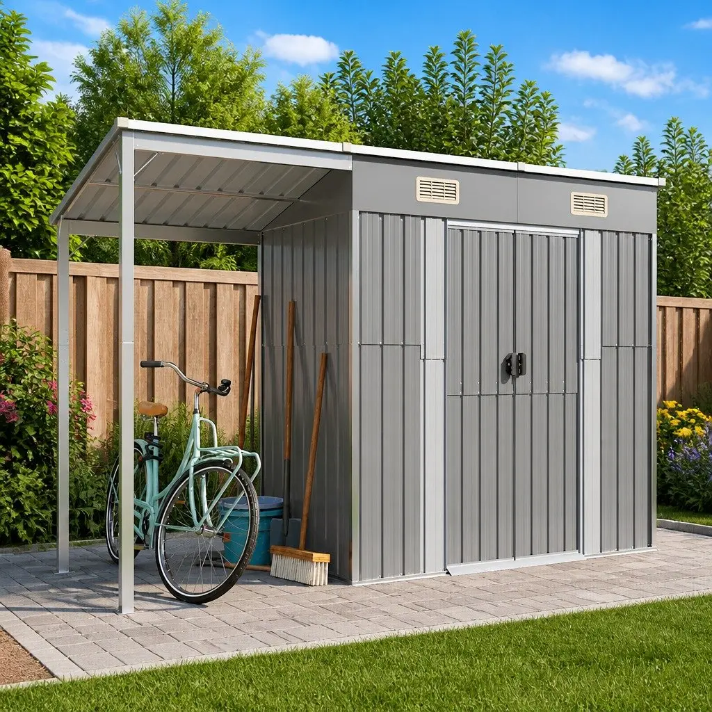 Garden Shed Galvanised Steel Extended Roof Grey 277x107x181cm