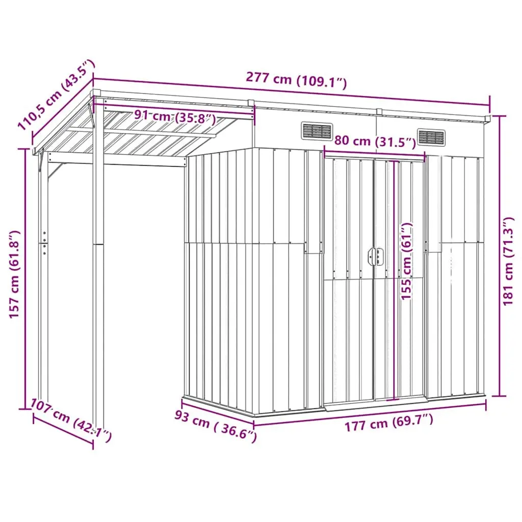 Garden Shed Galvanised Steel Extended Roof Grey 277x107x181cm